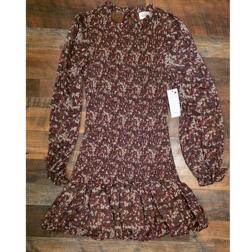 Aura Timeless Charm Burgundy Floral Smocked Mini Dress FD6791 Small NWT